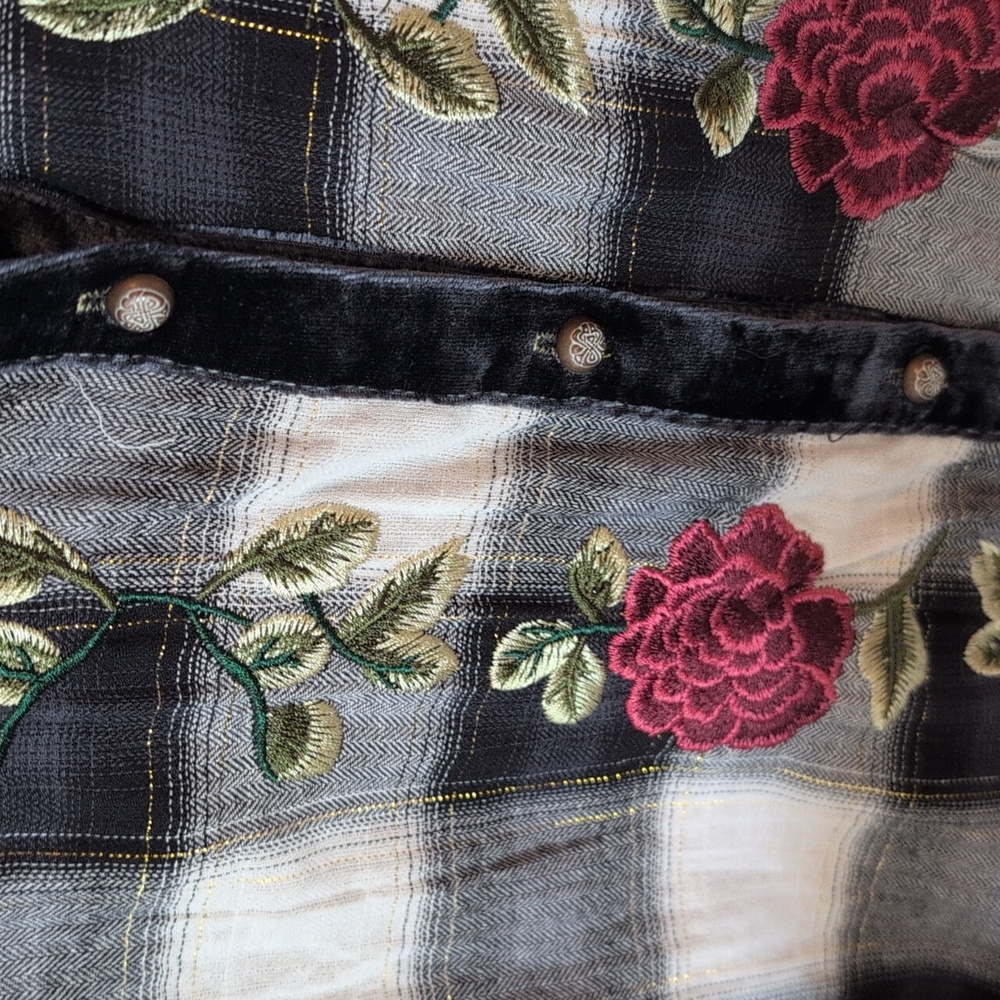 Aratta Black and White Plaid Long Tunic with Pink Rose Embroidery - Picture 7 of 14